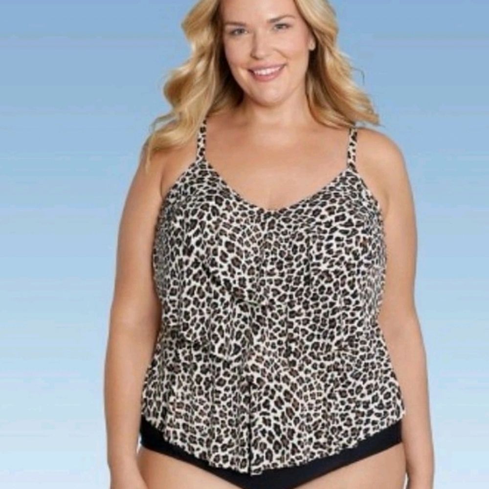 Aqua Green Layered Leopard Print Tankini Top Size 2X NWT